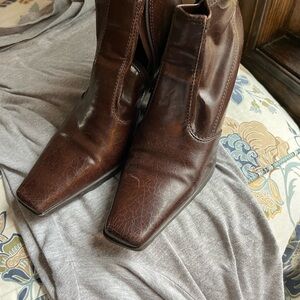 Franco Sarto Brown Square-Toe Leather Ankle Boots
